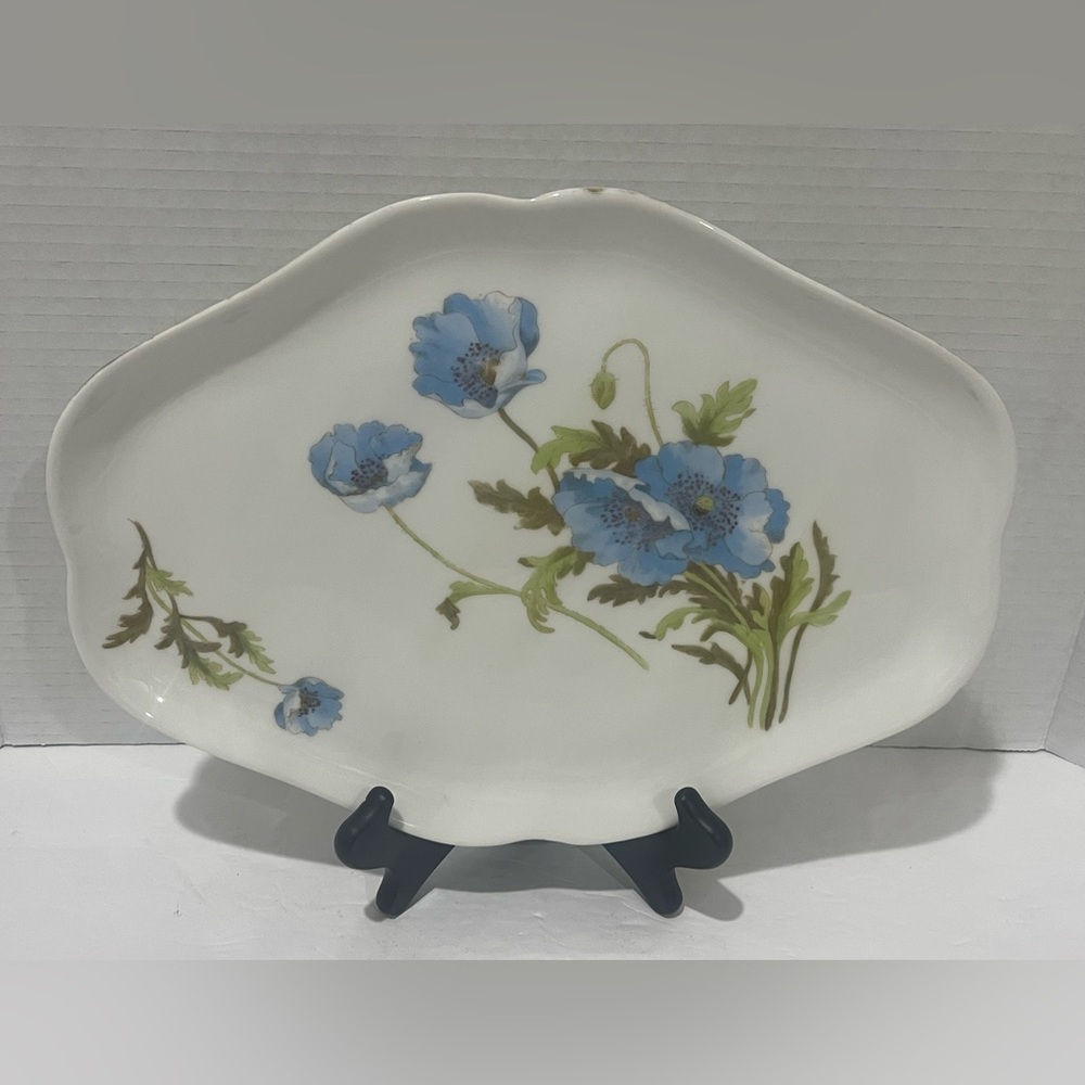 LIMOGES France Vanity Tray w/ Blue Poppy Floral & Scallop Edge (Vintage-RARE)